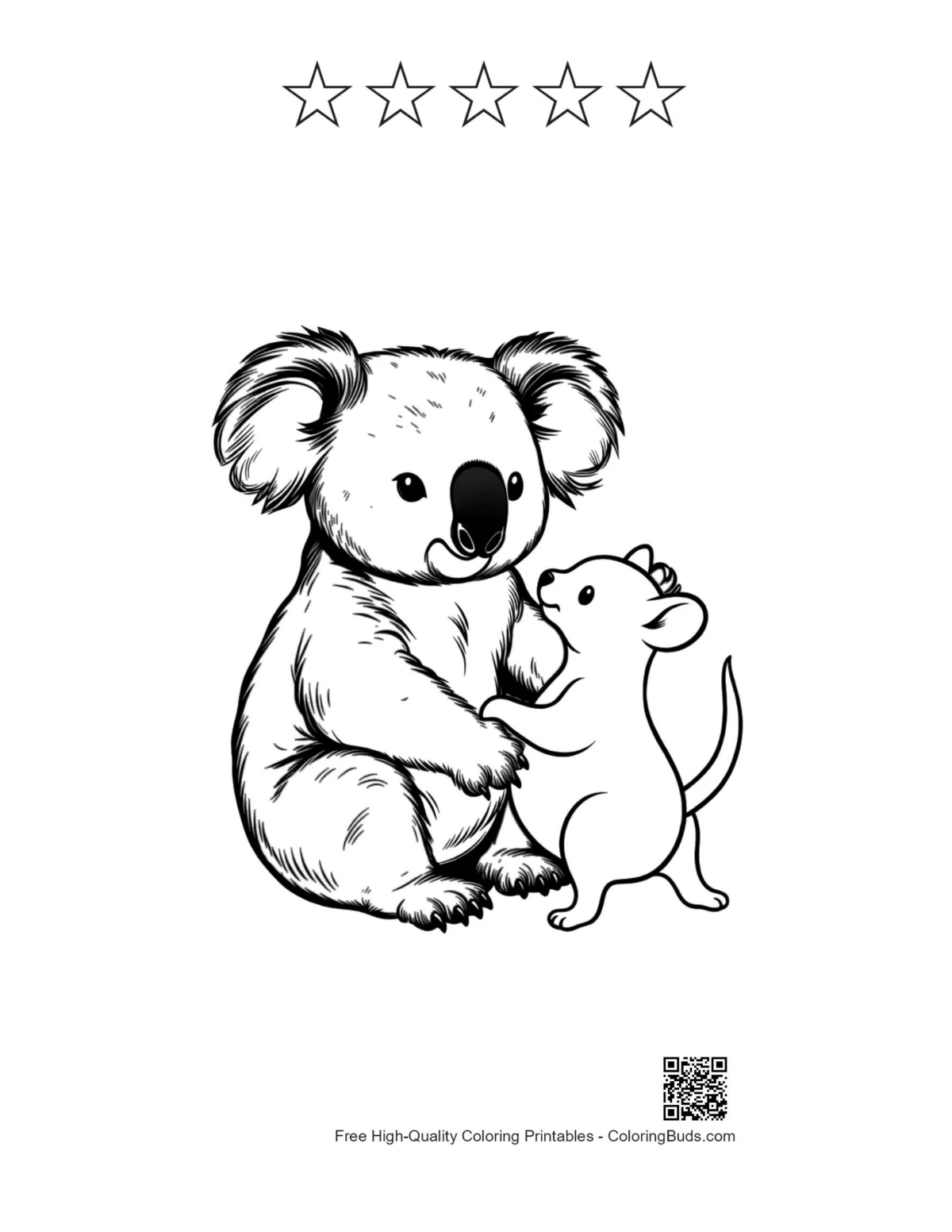 Koala mouse eucalyptus with 5 stars outline printable