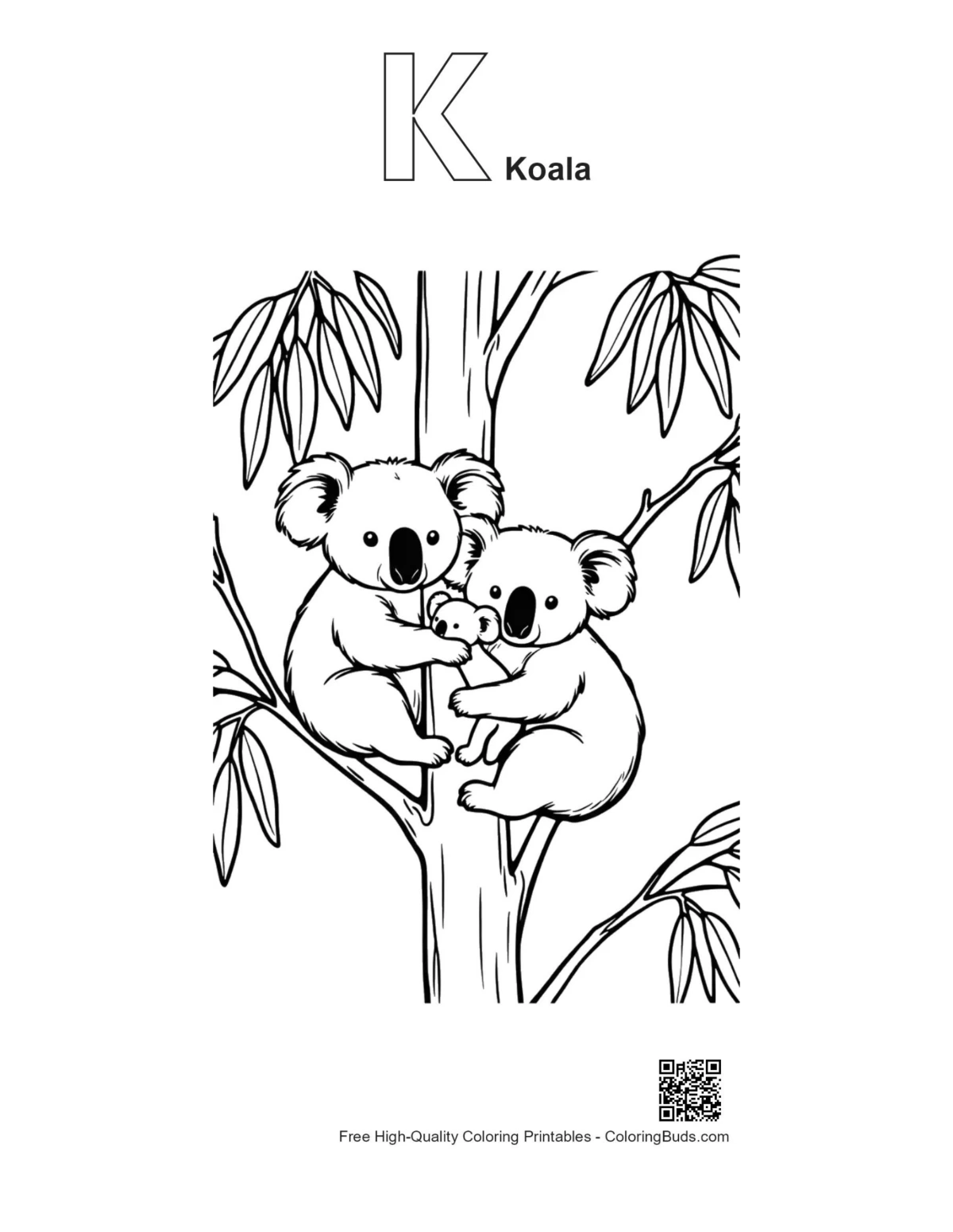 Koala alphabet K outline coloring page