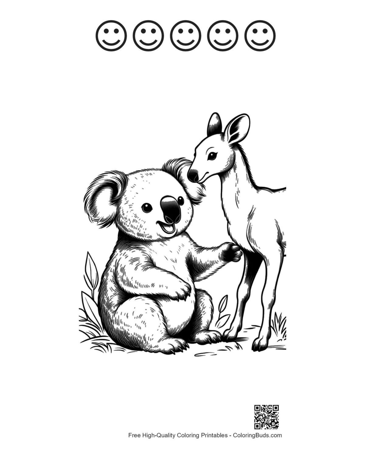 Tulostettava koala-arkki iloisilla kasvoilla