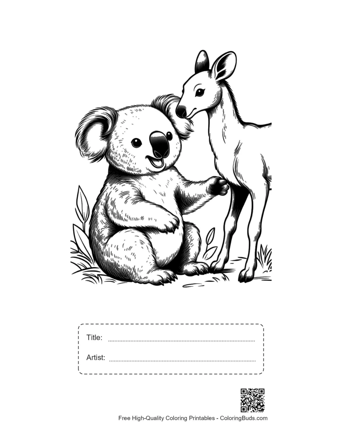 Tulostettava koala eukalyptuksella otsikkolaatikolla