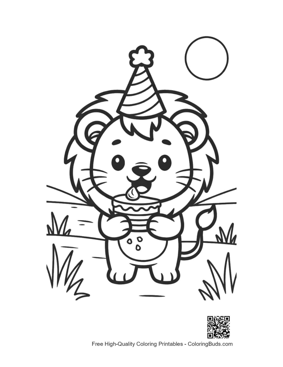Cute lion cub with cupcake and hat coloring page