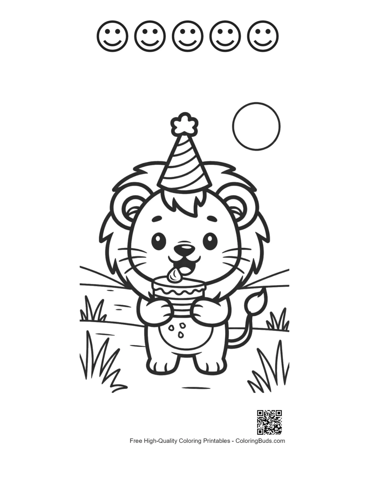 Lion cub page with 5 happy face outlines