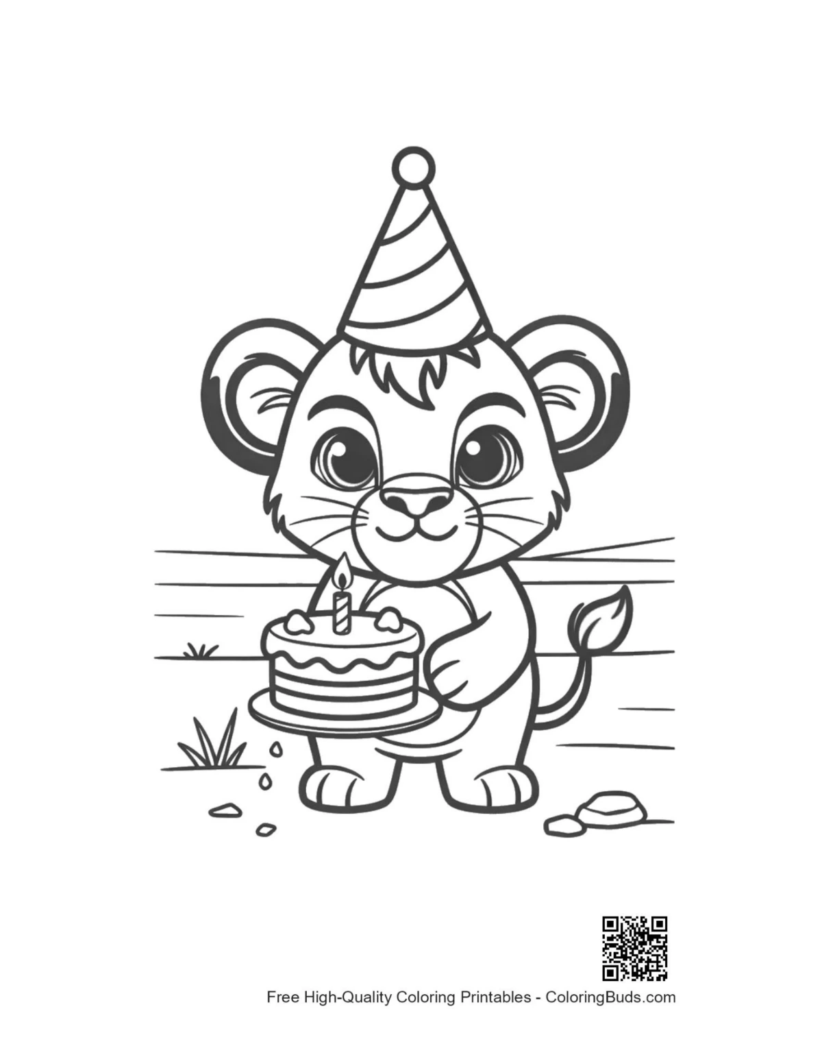 Cute baby lion with gift and crown coloring printable