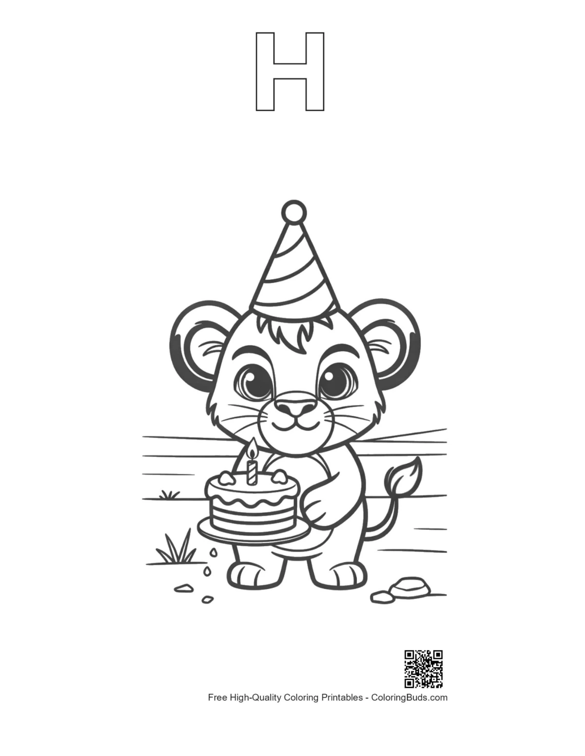 Lion cub printable with alphabet H outline