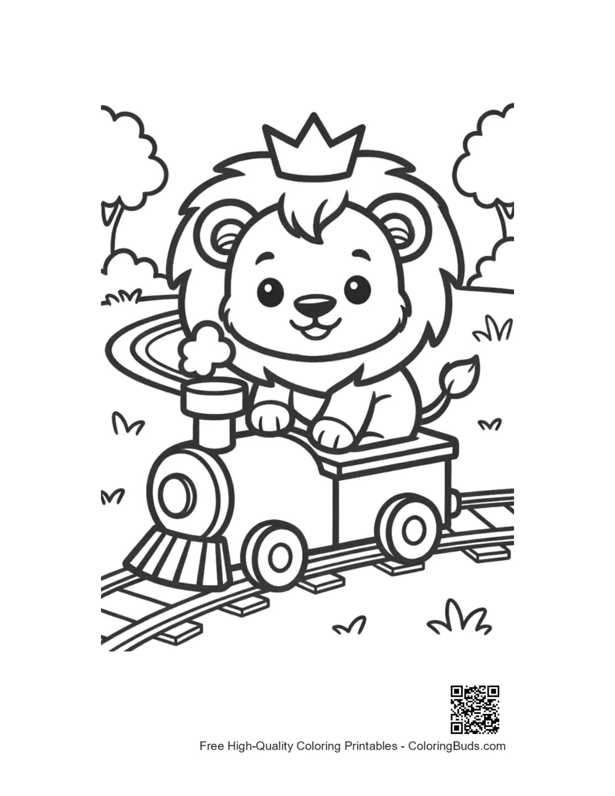 Cheerful lion cub on toy train party hat coloring page