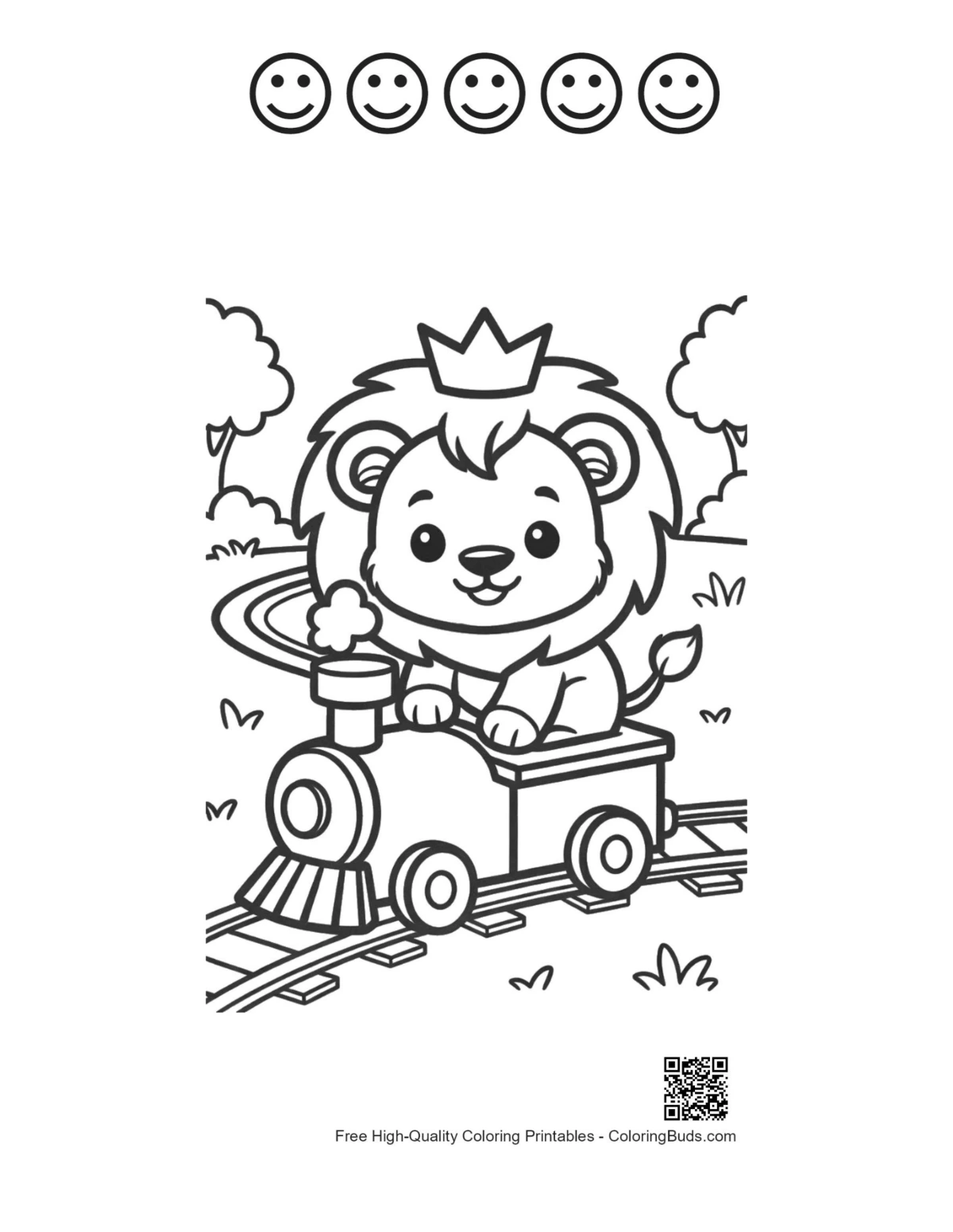 Lion cub toy train 5 happy faces outline page