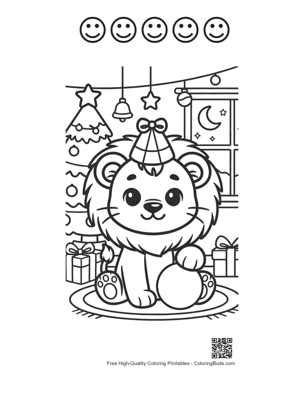 Cute lion cub with 5 happy faces printable