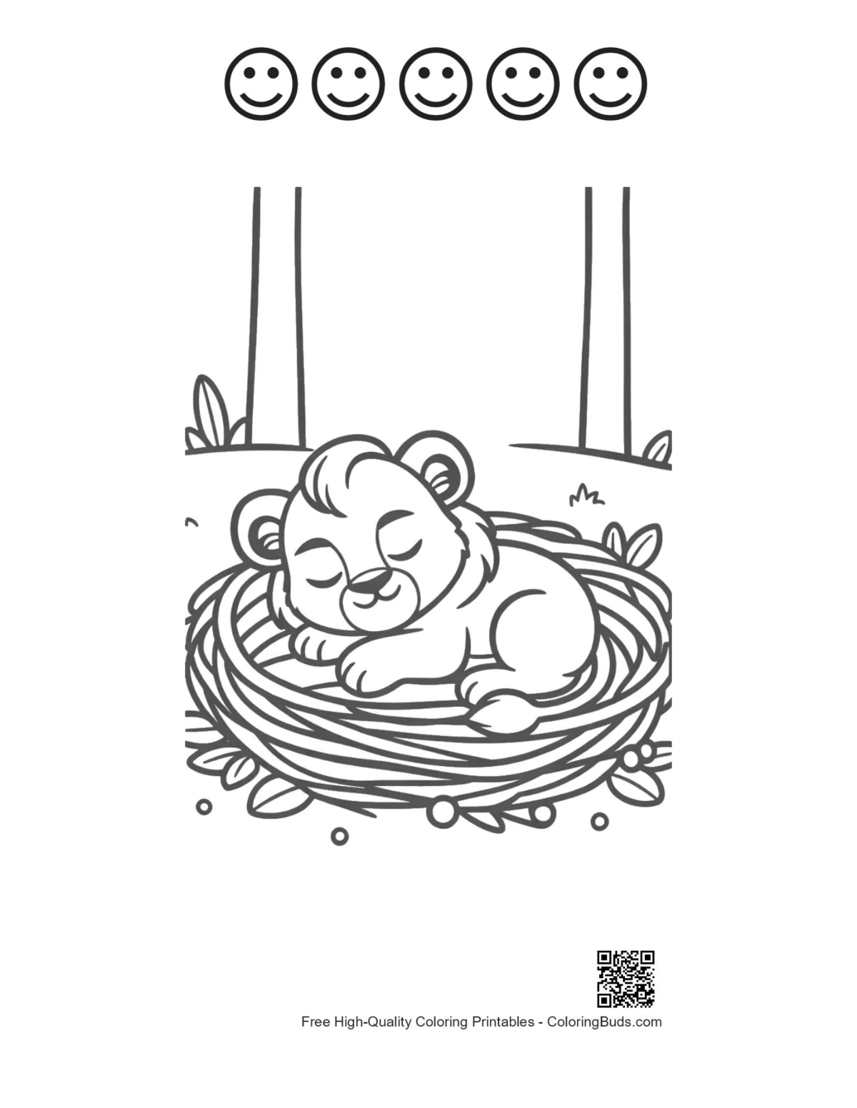 Cute lion cub with 5 happy faces outline