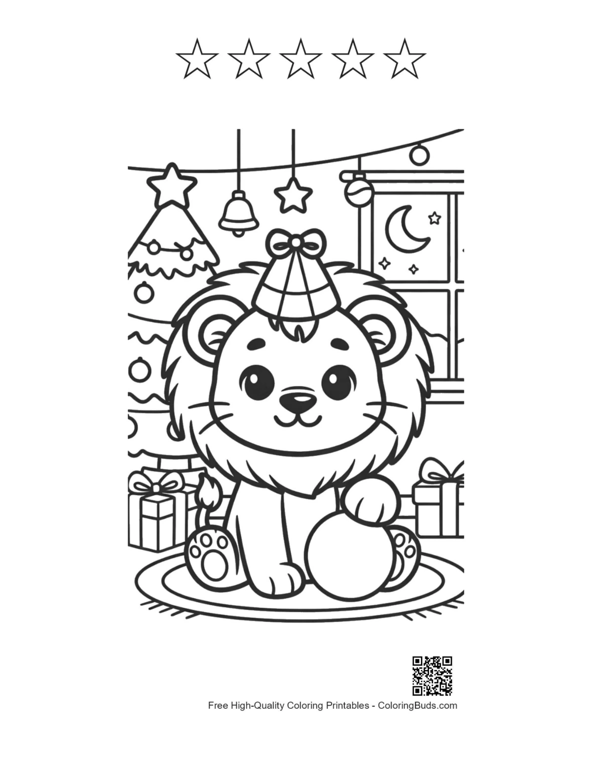 Cute lion cub with 5 stars outline printable