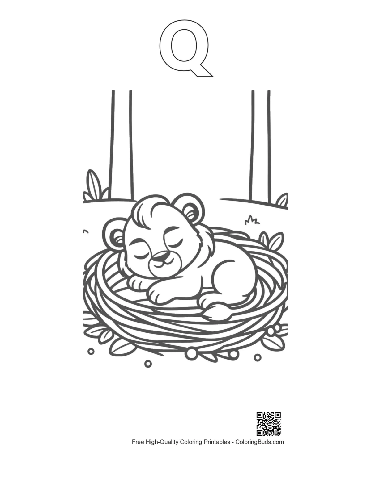 Cute lion cub printable alphabet Q outline