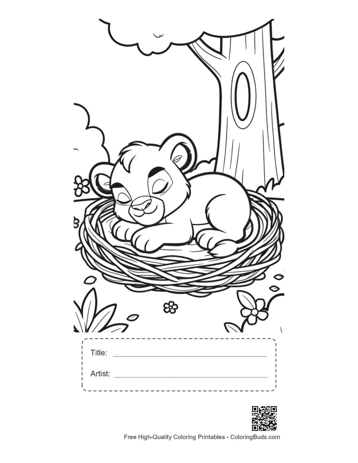 Cute lion cub printable with title and artist box