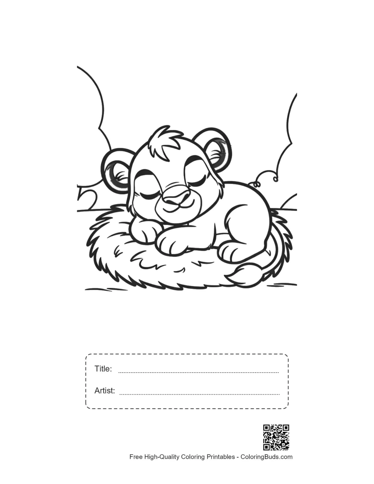 Cute lion cub nap printable with title artist box