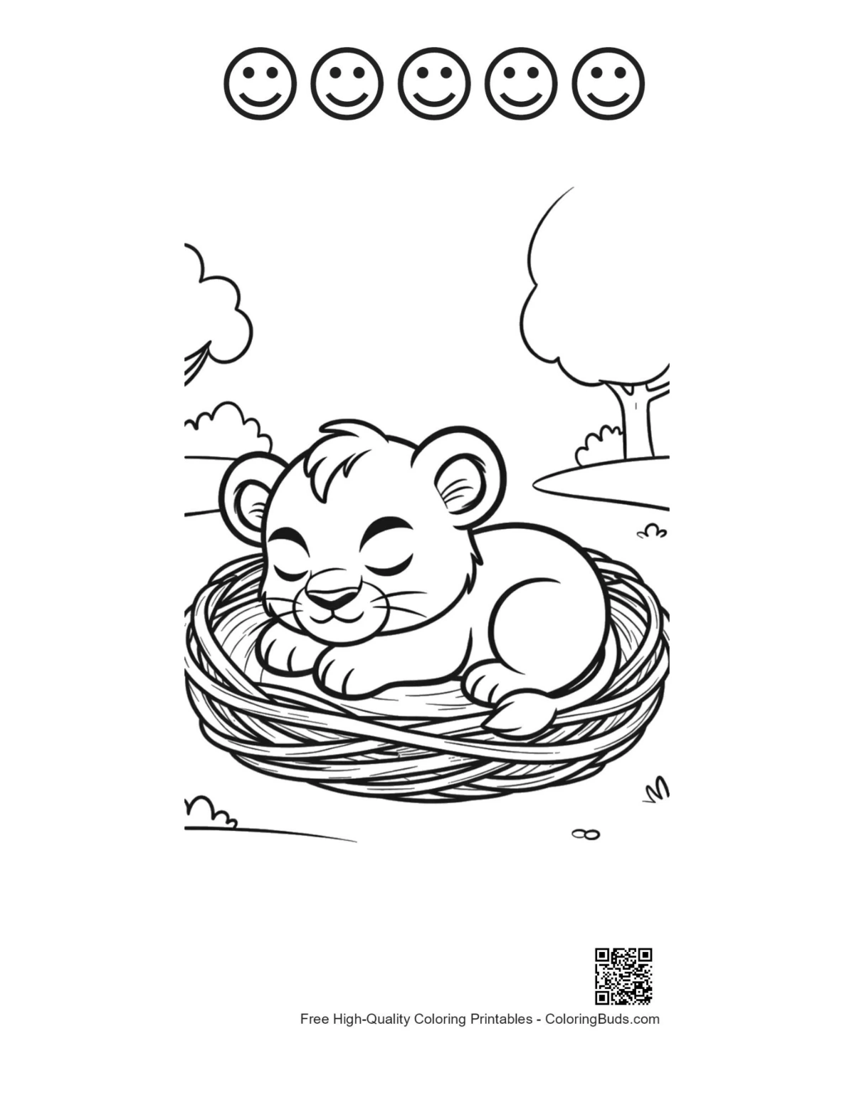 Printable lion cub with 5 happy face outlines