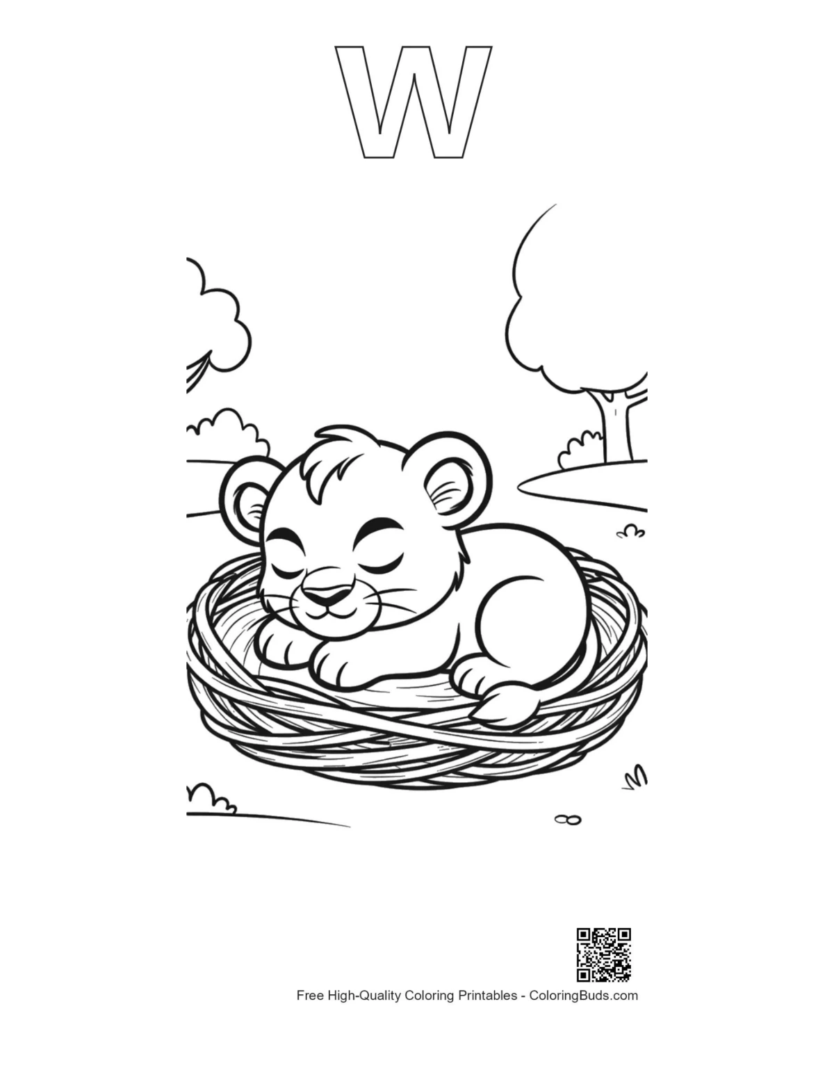 Lion cub coloring outline with alphabet W printable