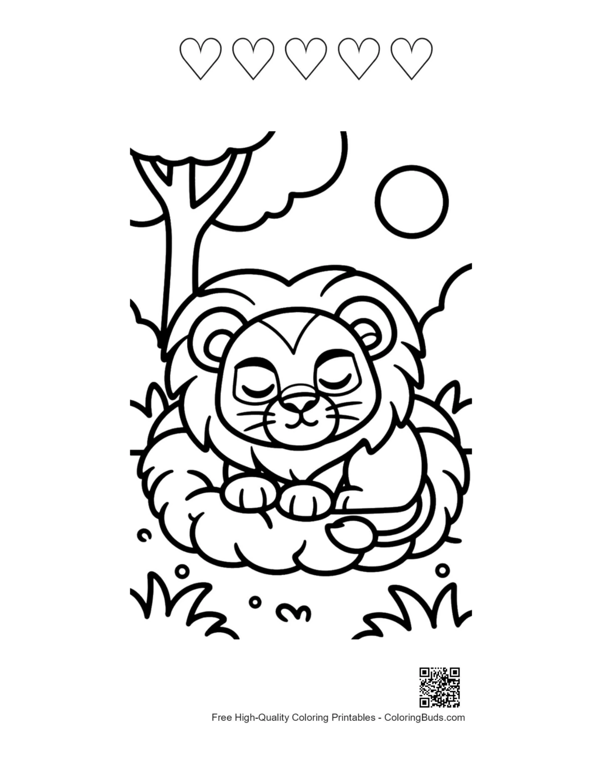 Lion cub coloring printable with 5 hearts free