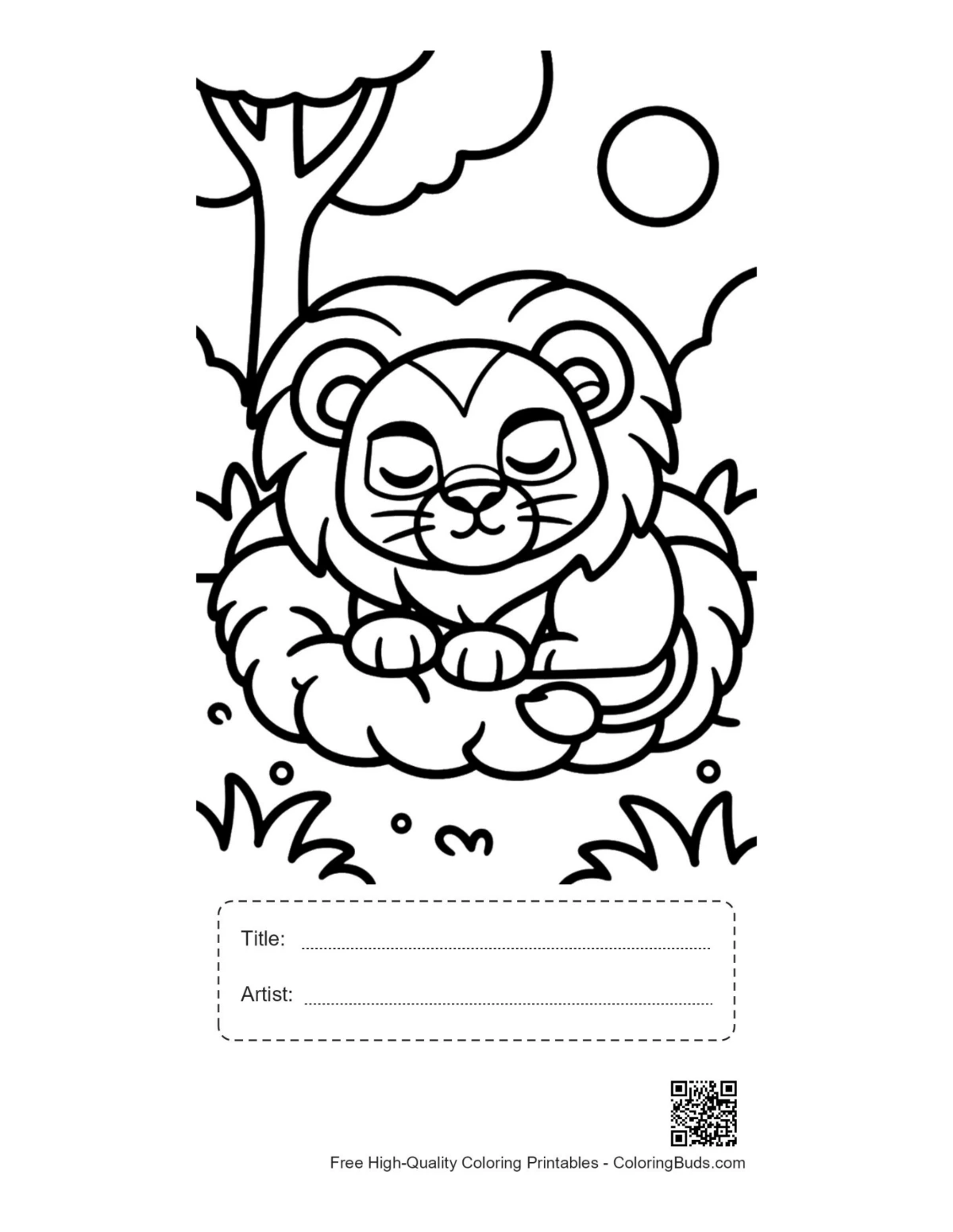 Printable lion cub page with title and artist box