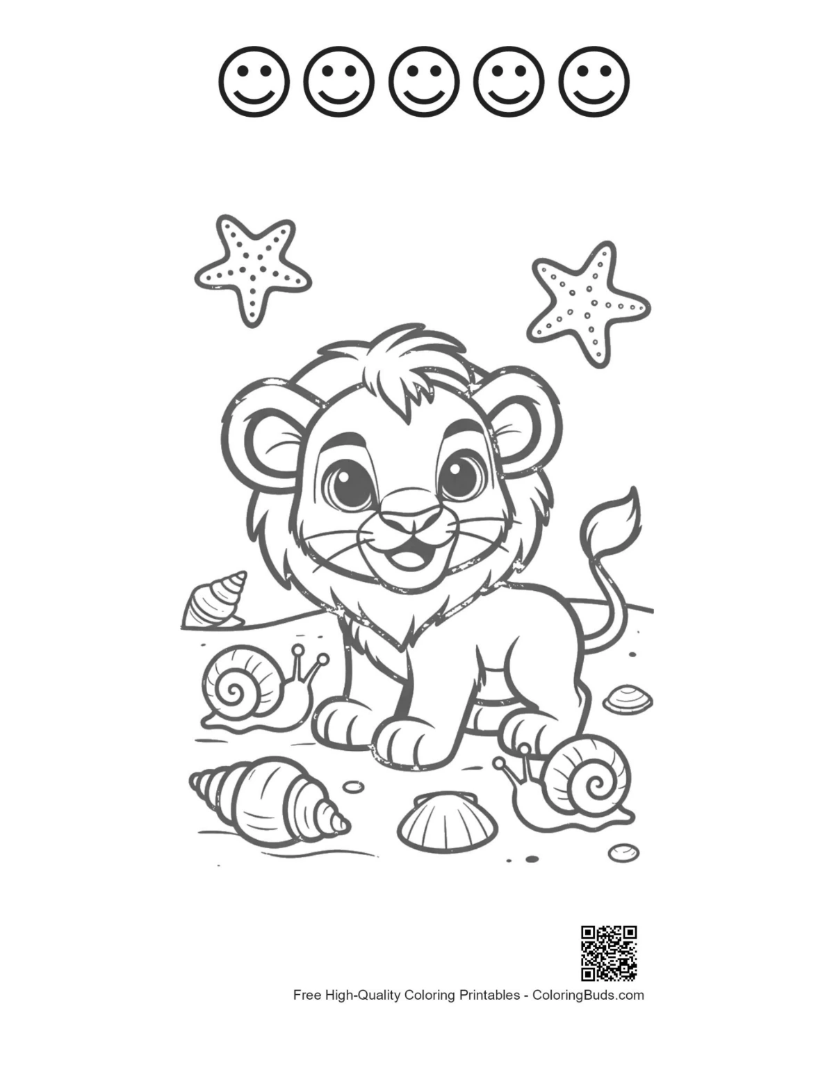 Happy lion cub beach printable 5 happy faces outline
