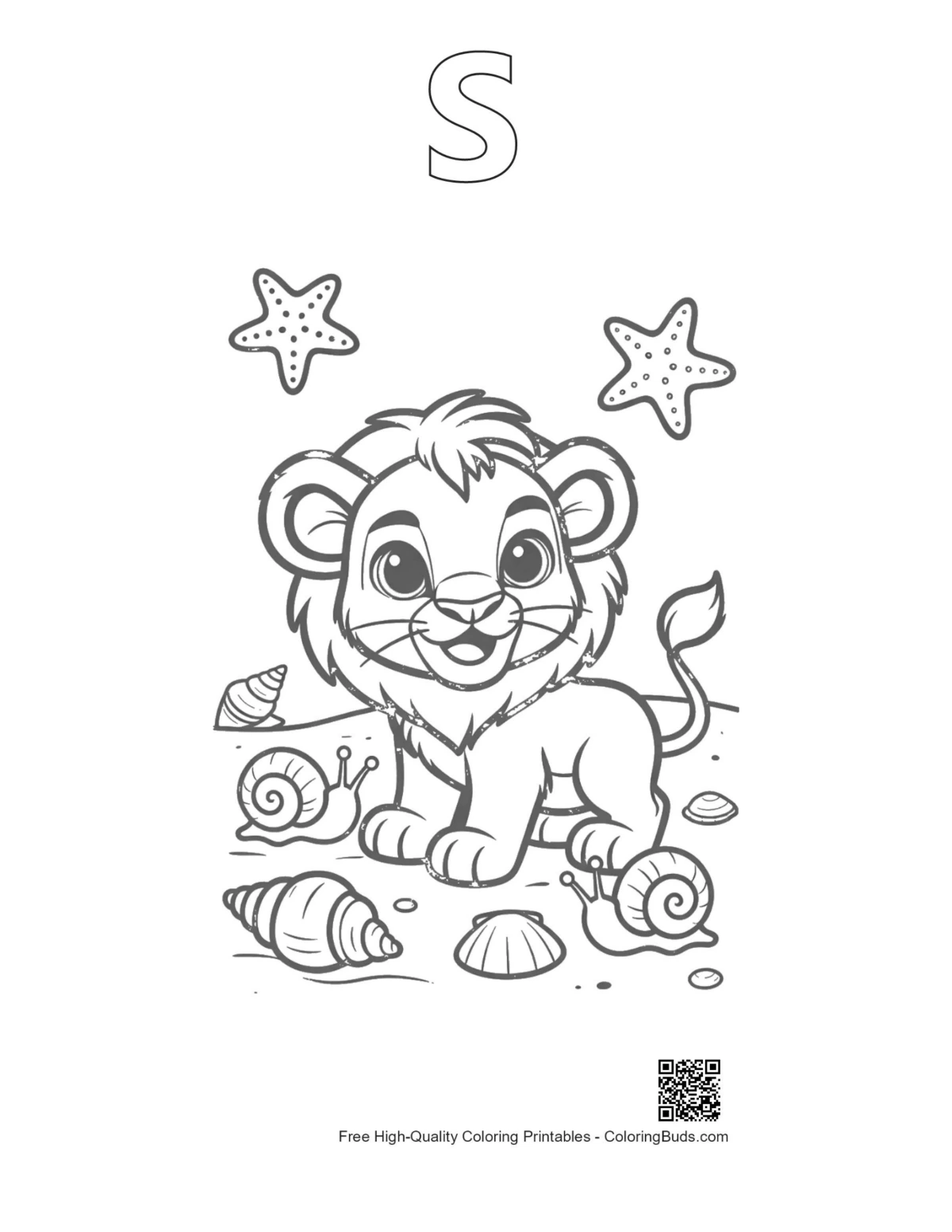 Lion cub beach printable outline with alphabet S design