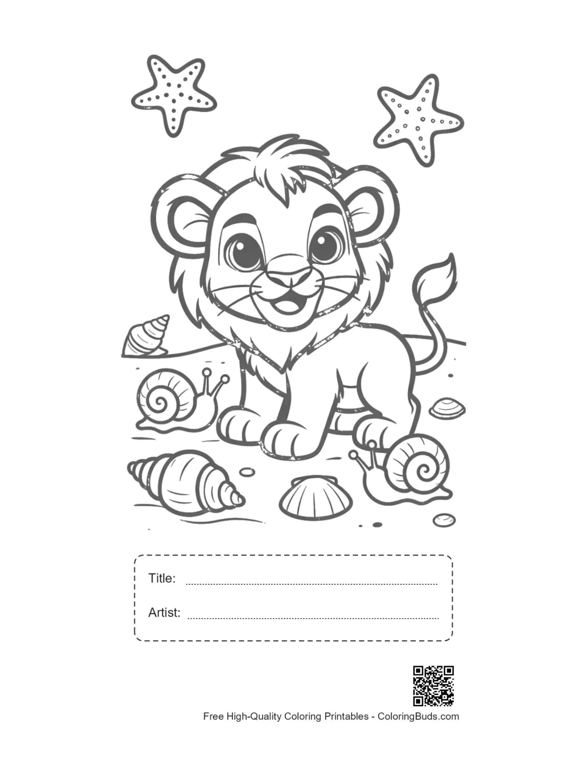 Lion cub seashells beach printable with title artist box