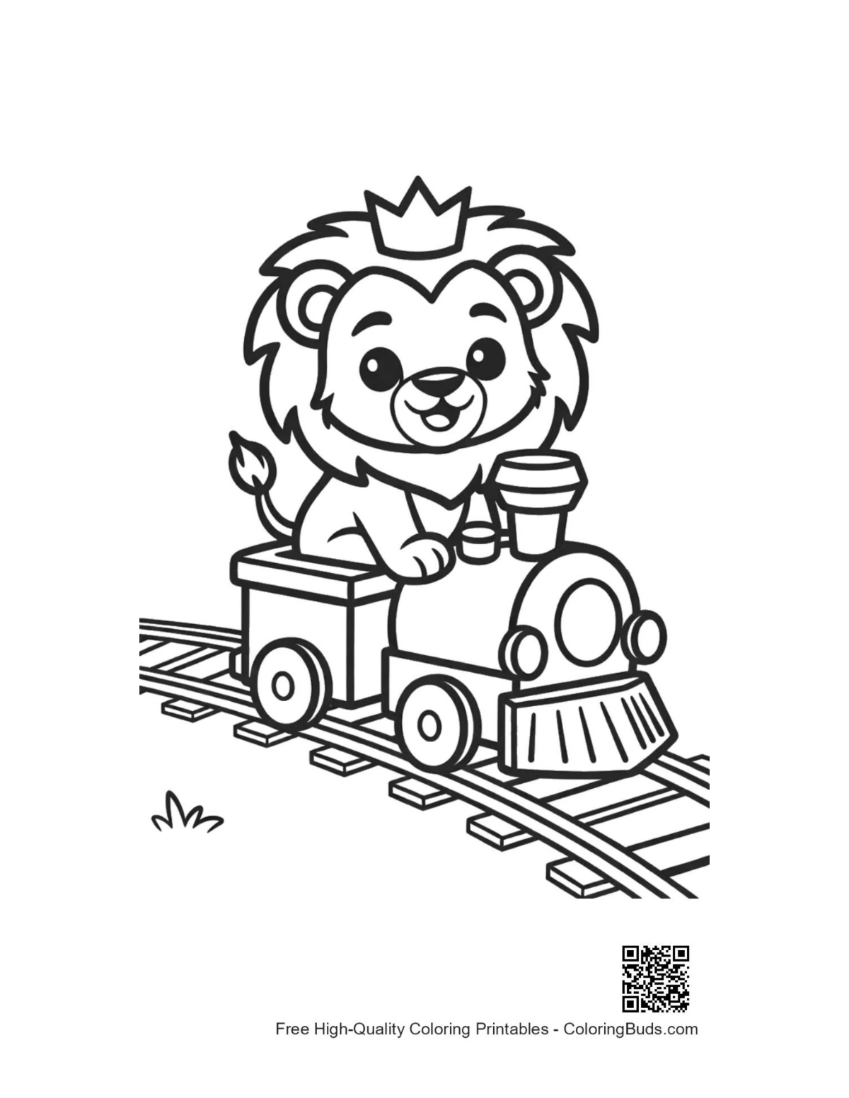 Happy lion cub on train through hills coloring page