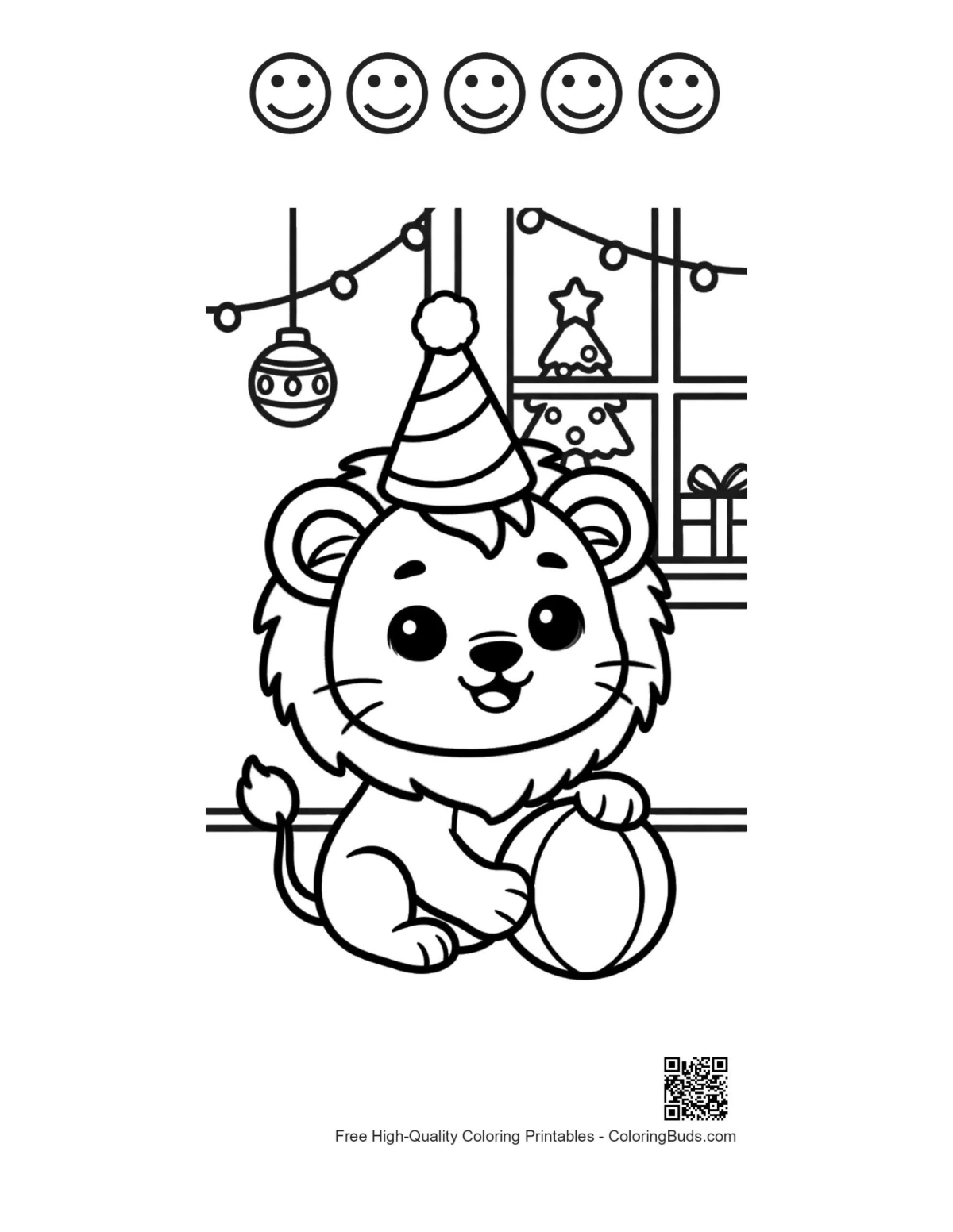 Lion cub with 5 happy faces coloring page printable