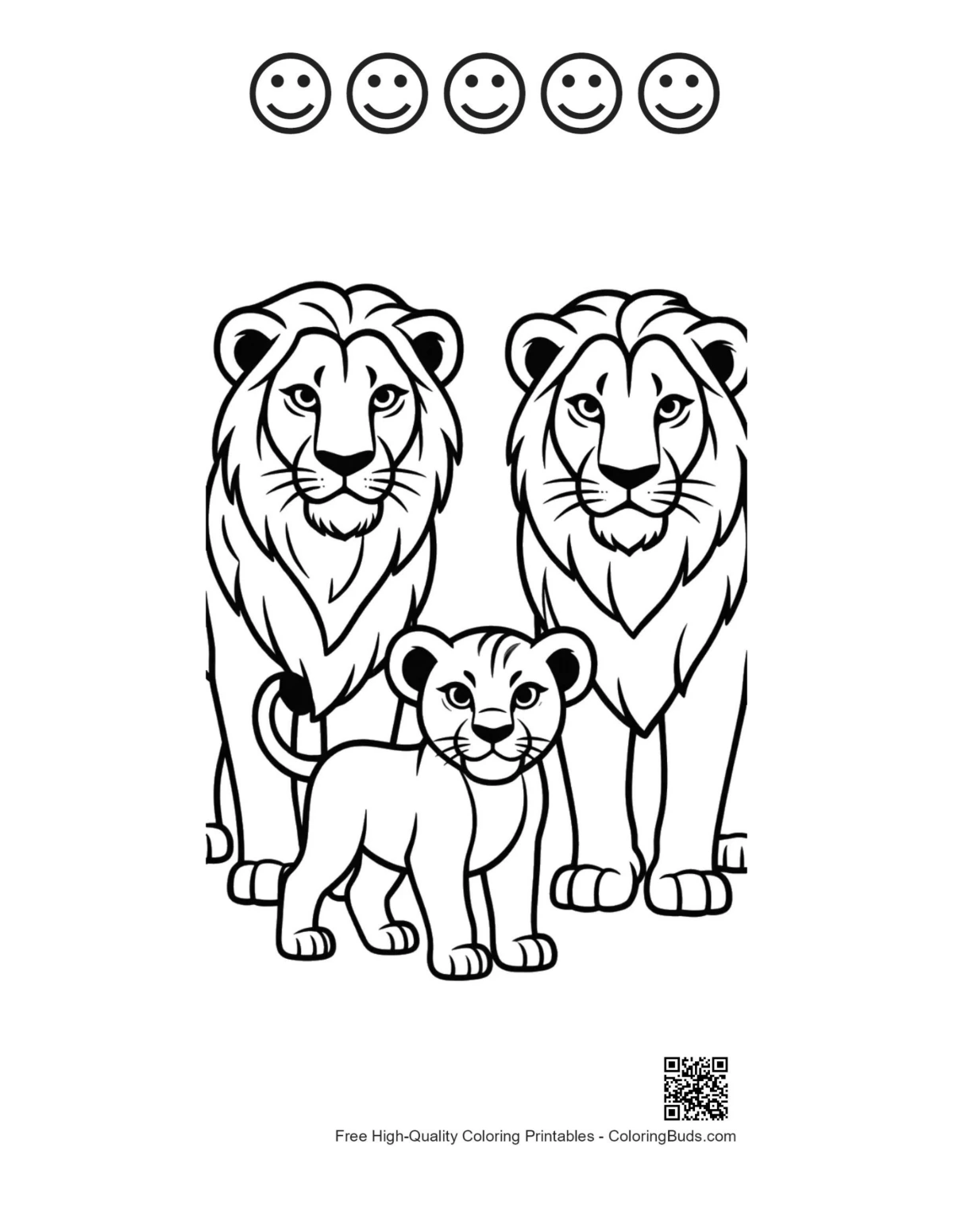 Lion family portrait with happy faces outline