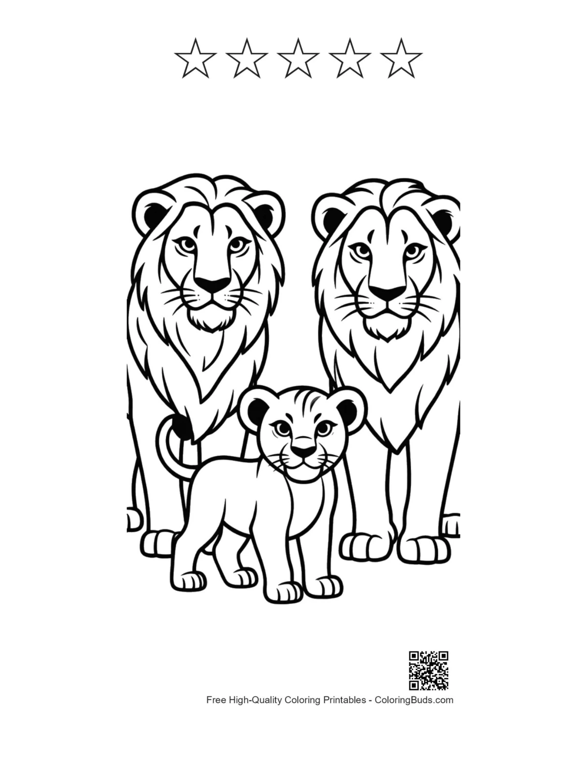 Lion family portrait with 5 star outlines