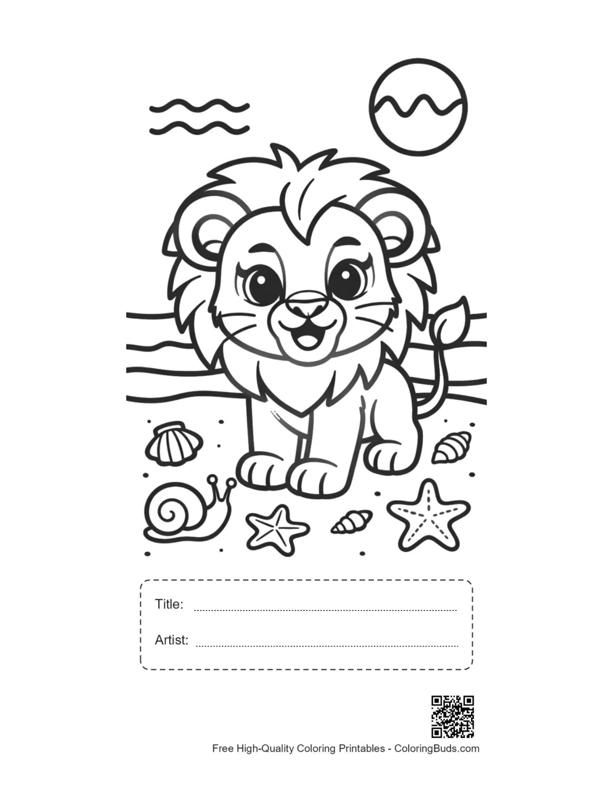Lion Cub coloring page with title artist box seaside