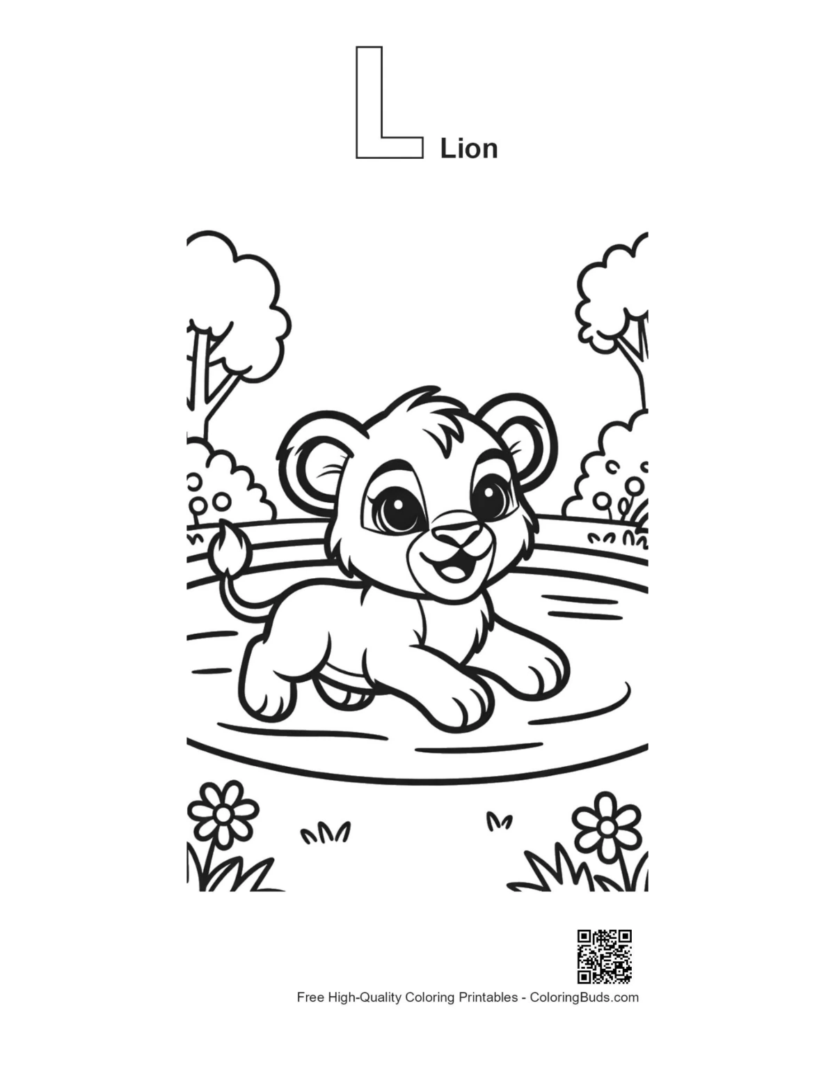 Lion cub pond coloring with L lion alphabet outline