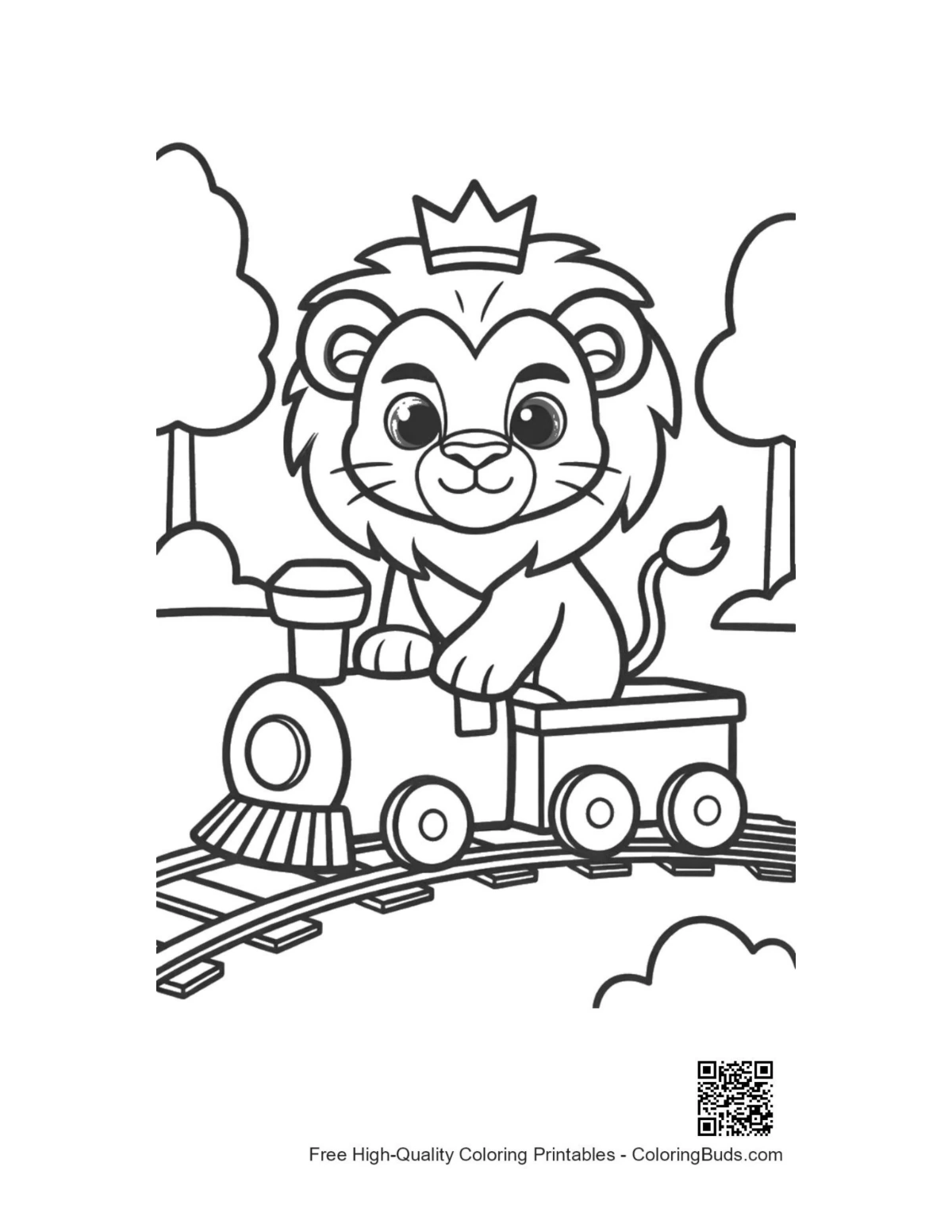 Little lion cub waving from colorful toy train car printable