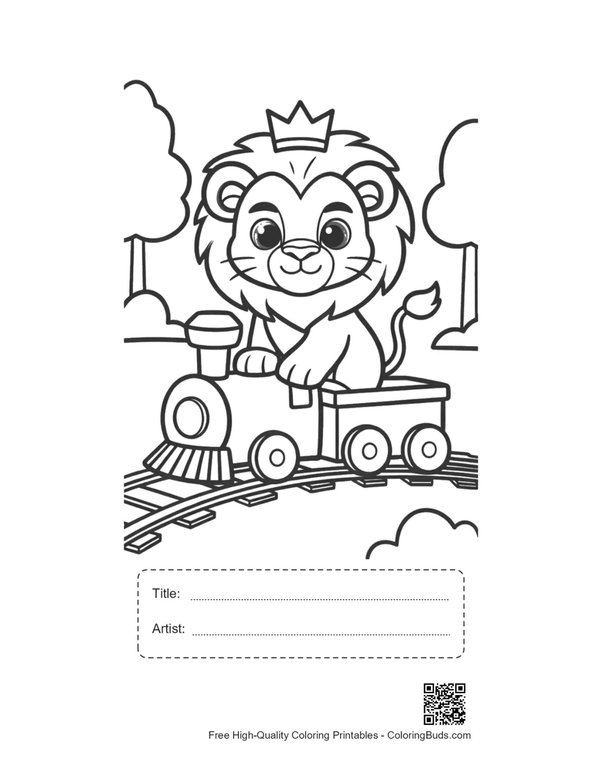 Lion cub on toy train printable with title artist box