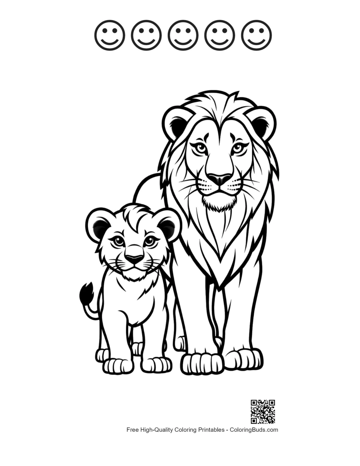 Playful lion cub printable with 5 happy faces
