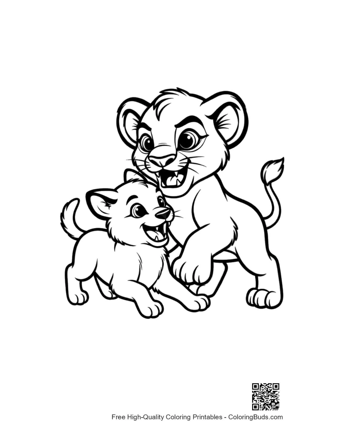 Playful lion and cub wrestling coloring page