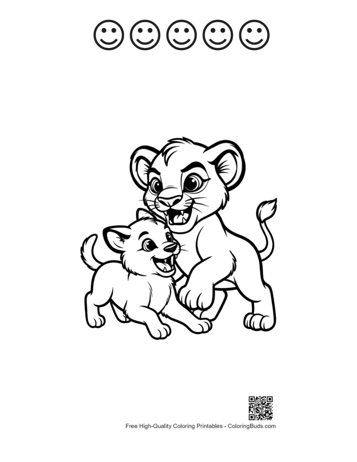 Playful lion wrestling printable with happy faces