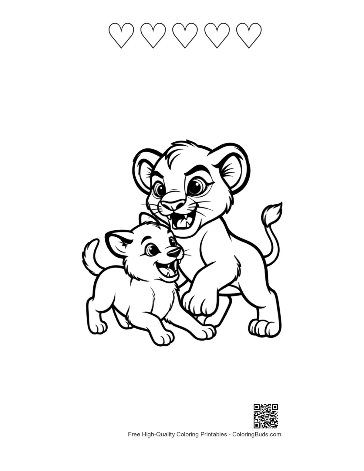 Lion cub wrestling printable featuring heart outlines