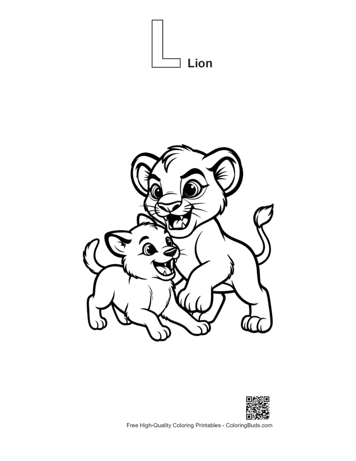 Lion cub wrestling outline with alphabet L printable