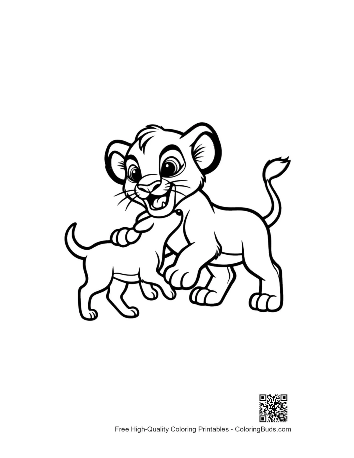 Playful lion wrestling cute lion cub coloring page