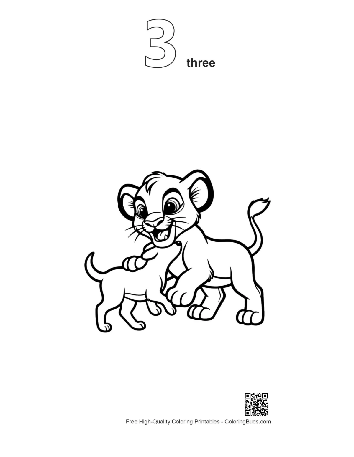 Playful lion cub wrestling outline number 3 printable