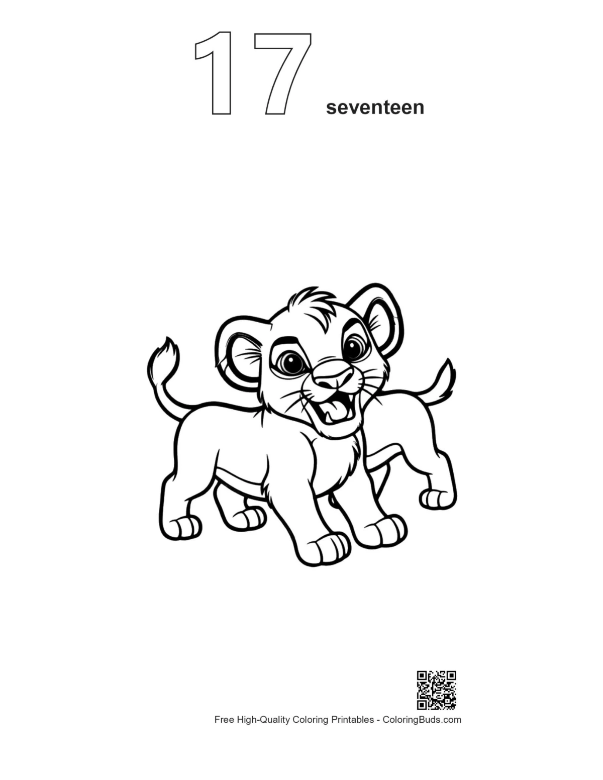 Lion cub roaring joyfully outline printable number 17