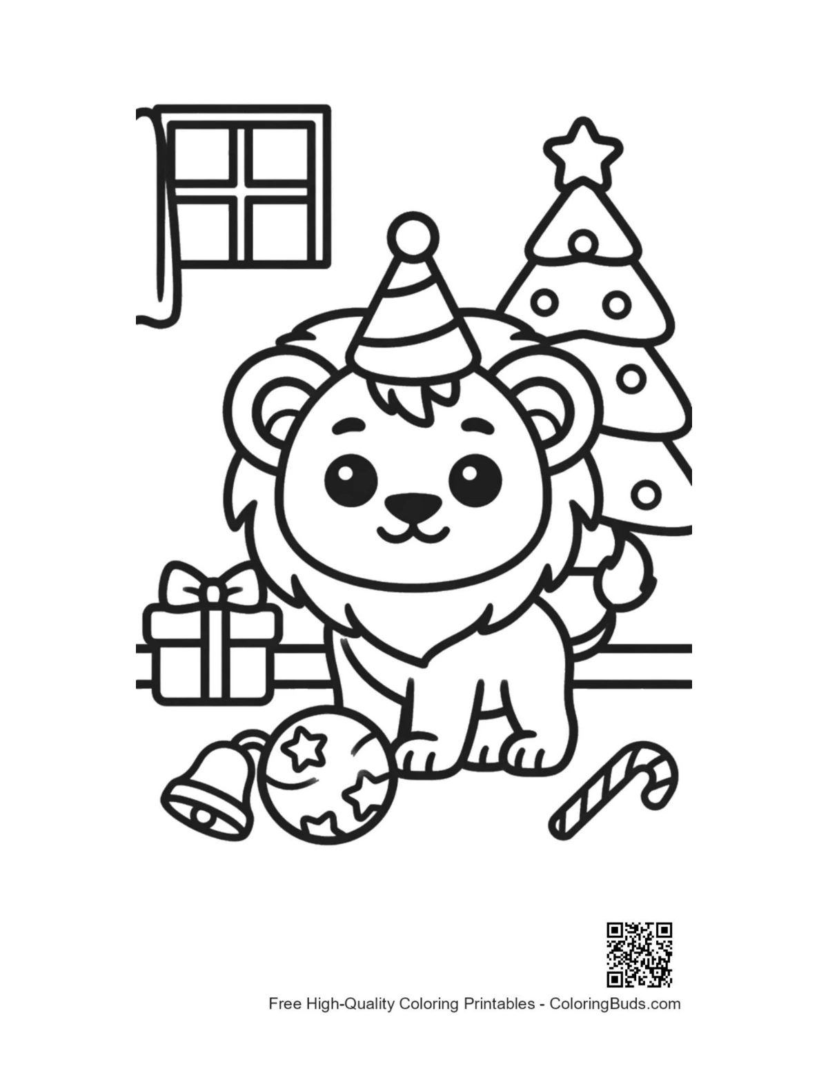 Small lion cub Santa hat gifts coloring printable