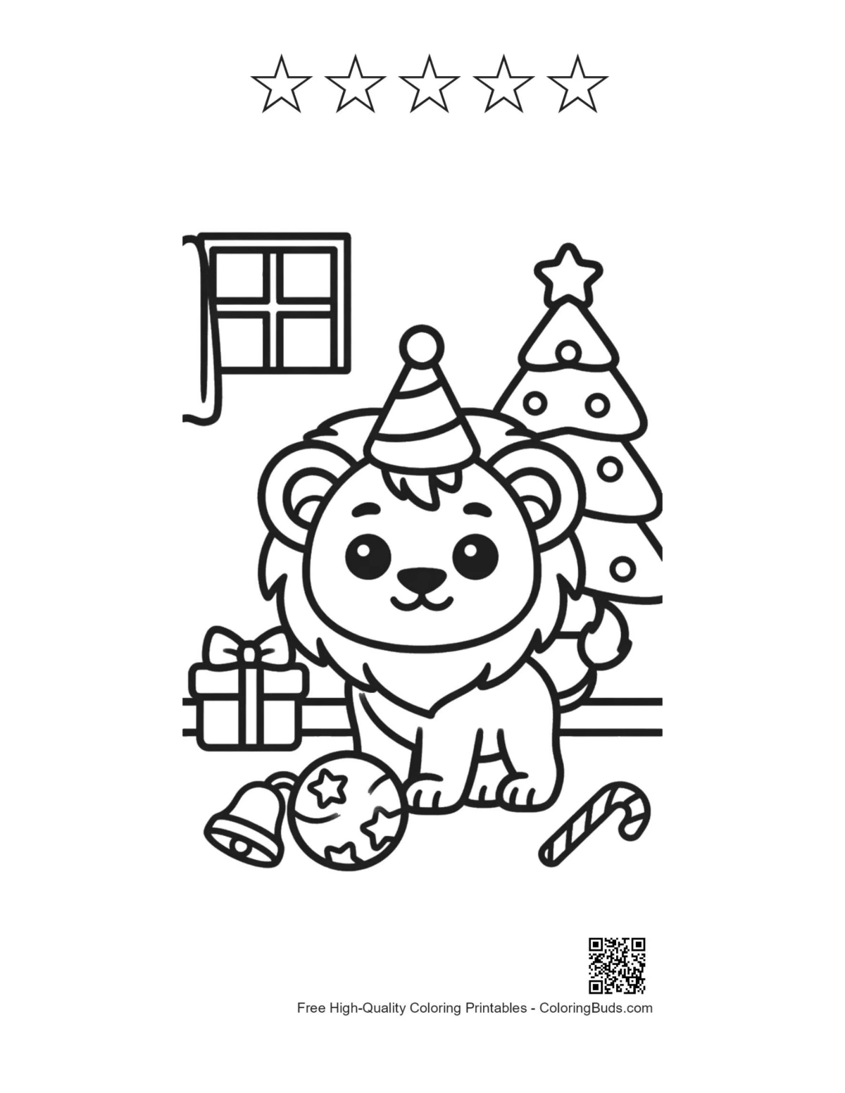 Lion cub Santa hat 5 star outline coloring sheet
