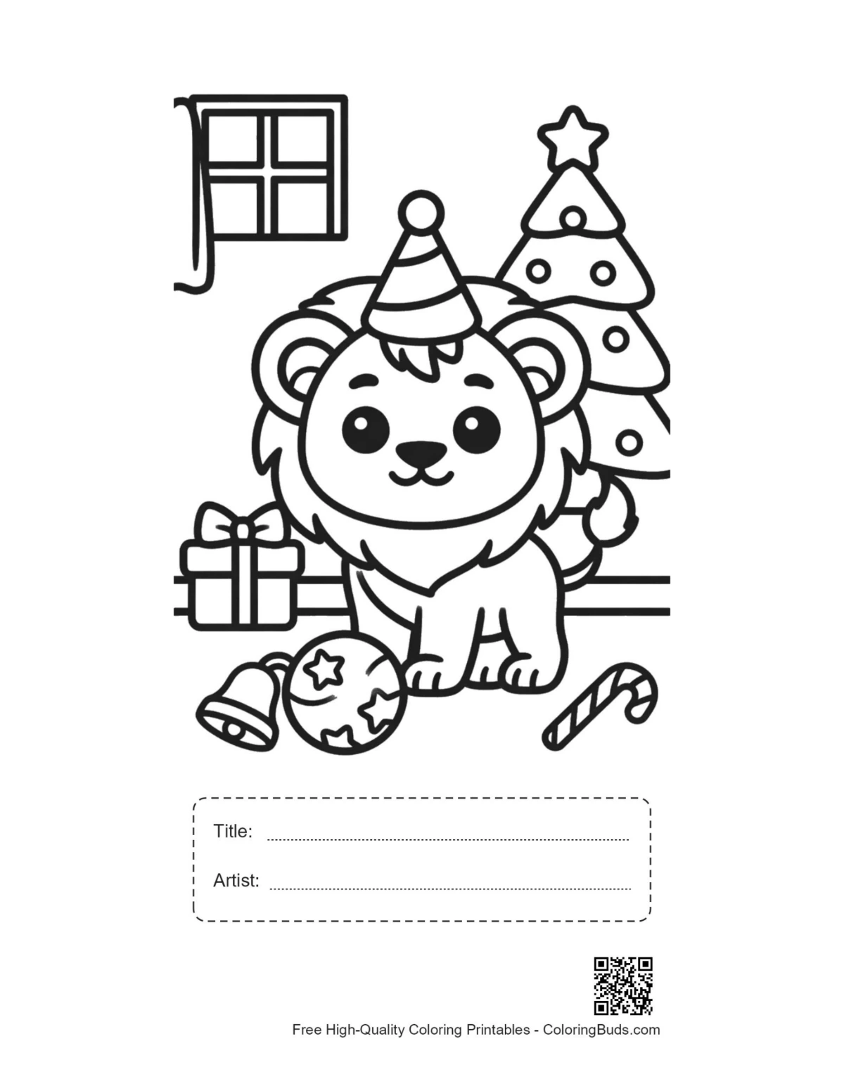 Lion cub Santa printable with title artist box