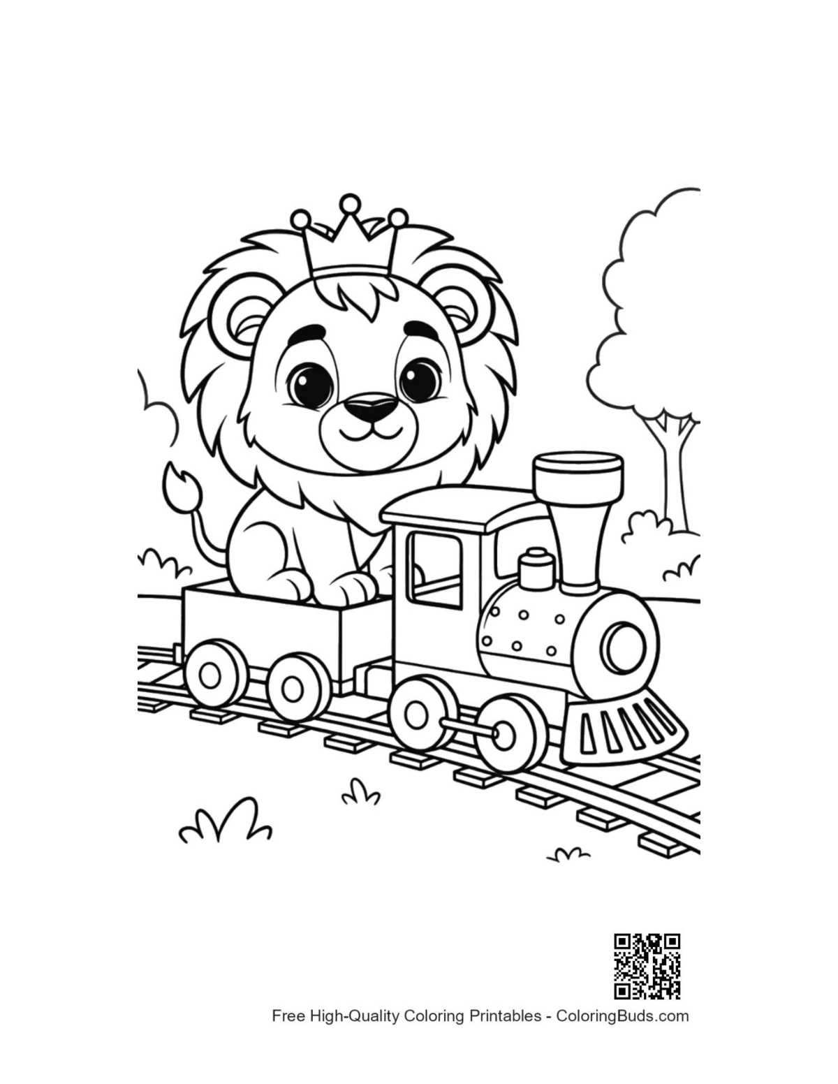 Cute lion cub peeking from puffing toy train coloring page