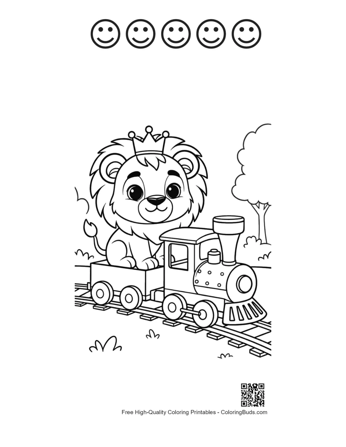 Cute lion cub train with 5 happy faces outline