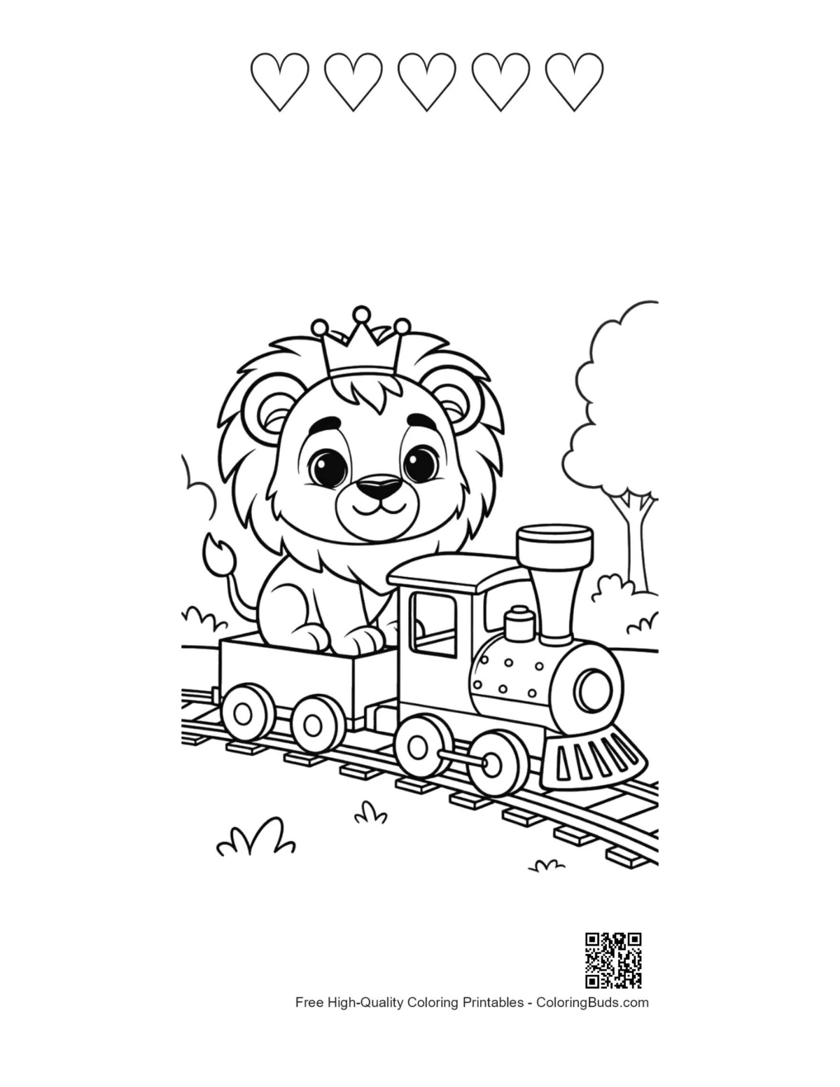 Lion cub puffing train with 5 heart outlines printable