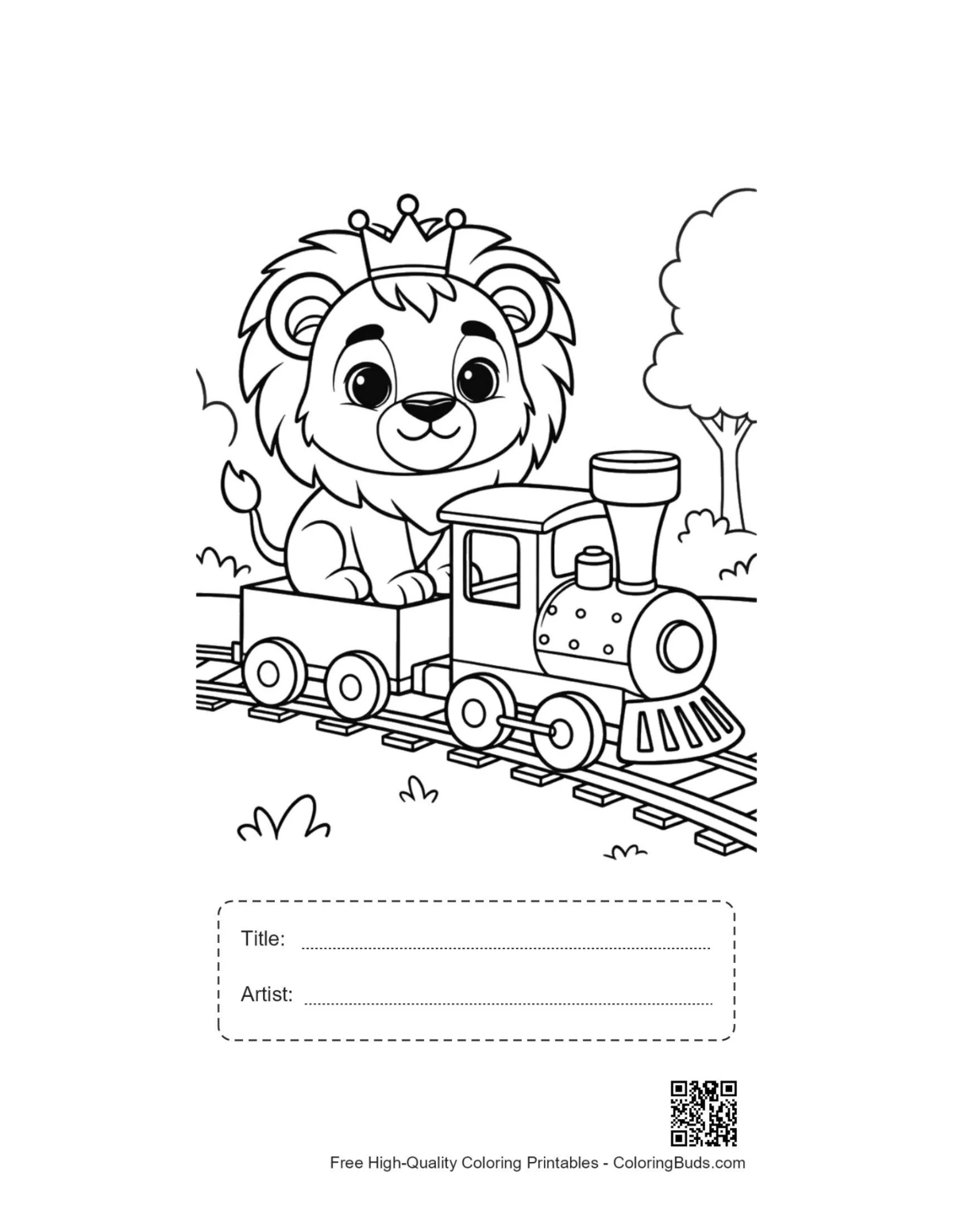 Lion cub toy train printable with title artist box