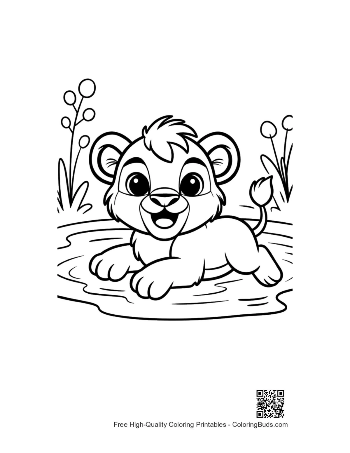 Cute lion cub splashing in lake printable