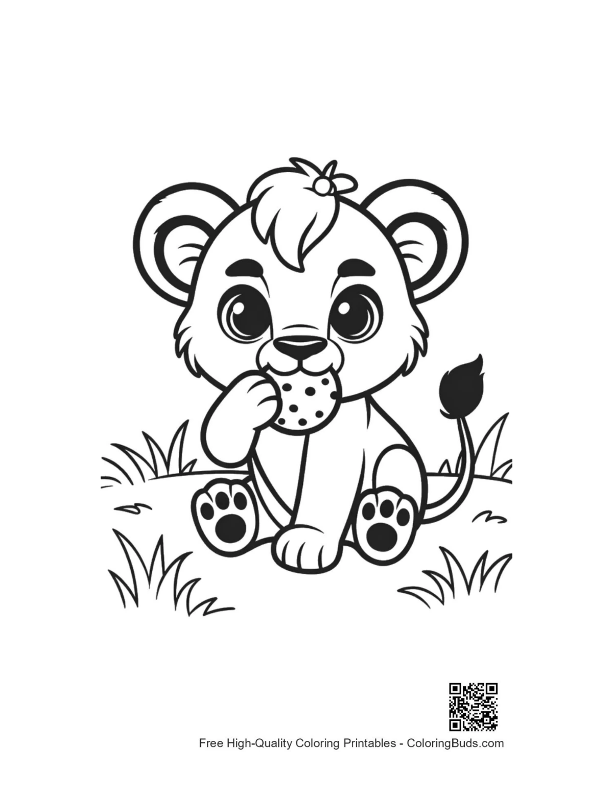 Cute lioness cub eating round cookie coloring page