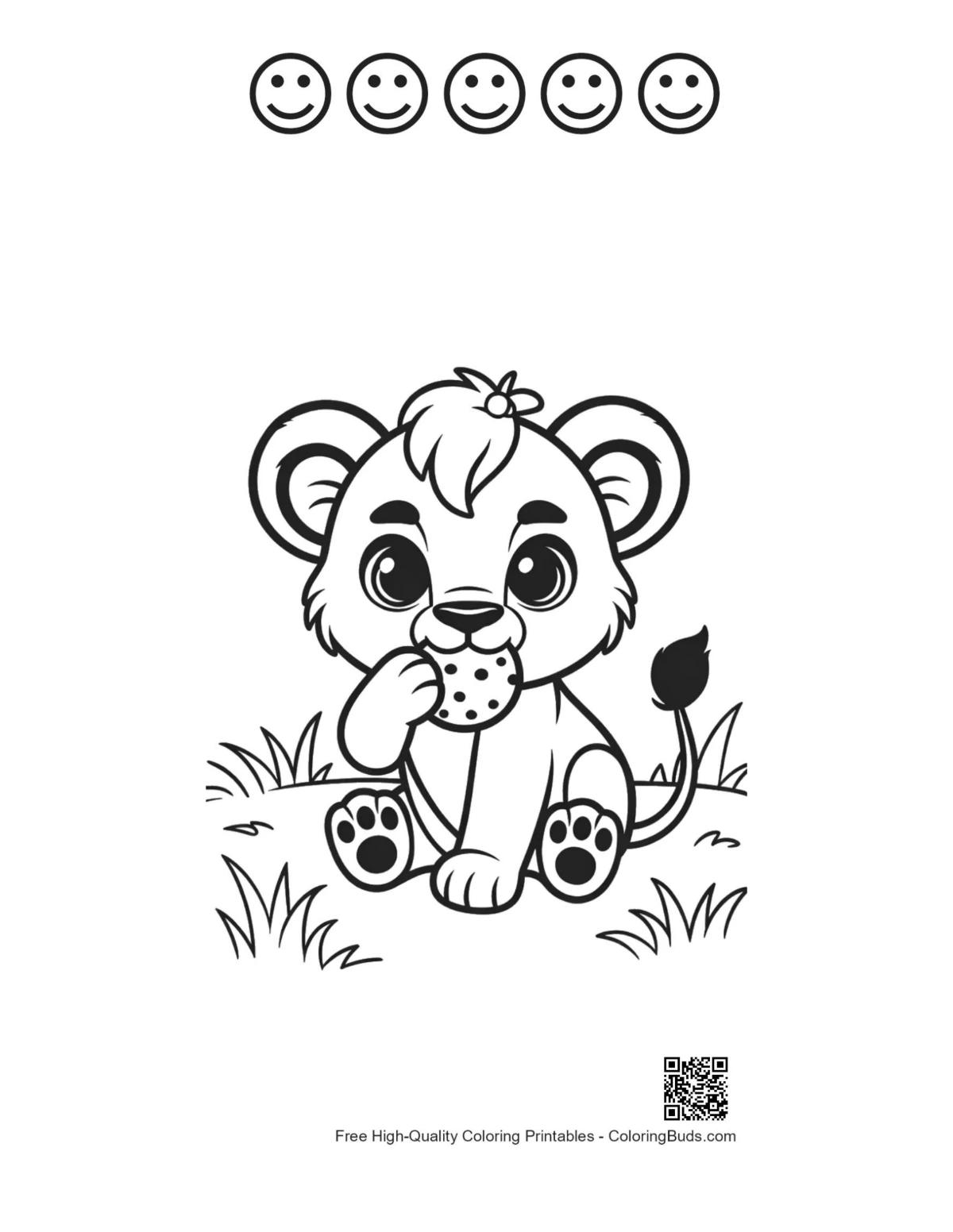 Cute lioness cub cookie with 5 happy faces outline