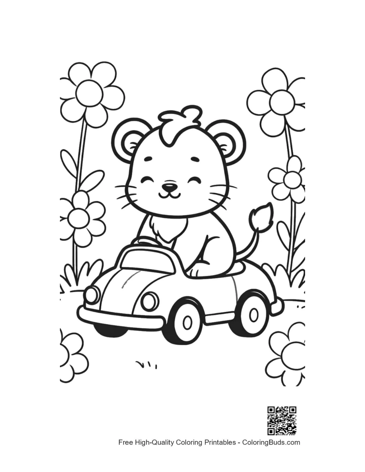 Cheerful lioness cub driving small toy car coloring page